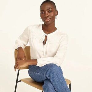 NEW J.CREW Featherweight Satin Tie Neck Pintucked Blouse Top Antique White XS